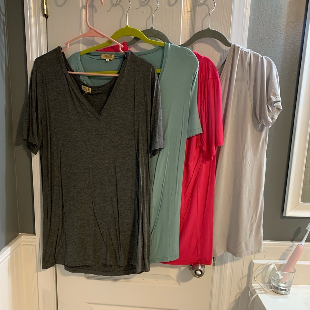 Four piko vneck tees, charcoal gray, aqua, light grey, and hot pink